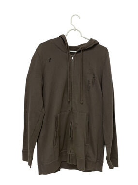 Sweatshirt Hoodie Mens Casual Zip Up Long Sleeve Drawstring Distress Faded Brown